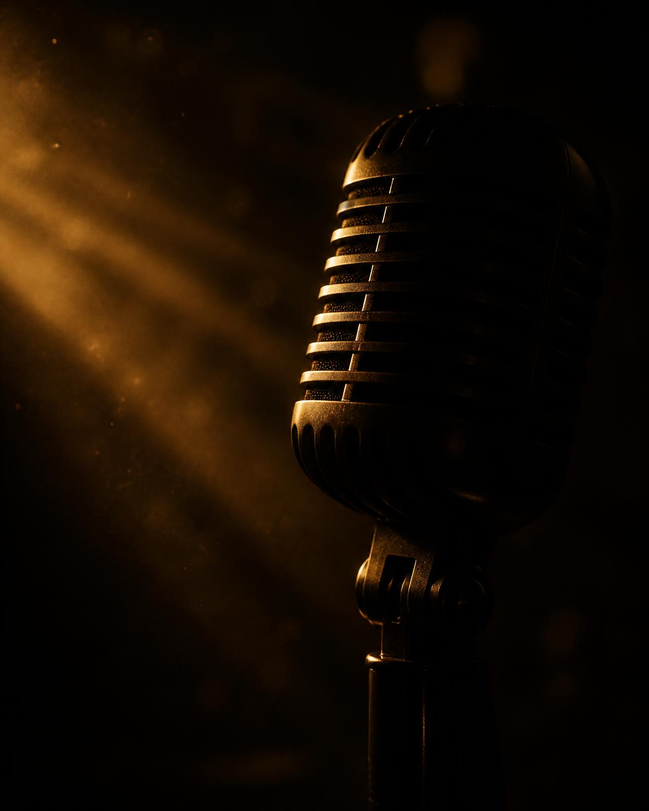 Warm amber-lit studio microphone silhouette against darkness